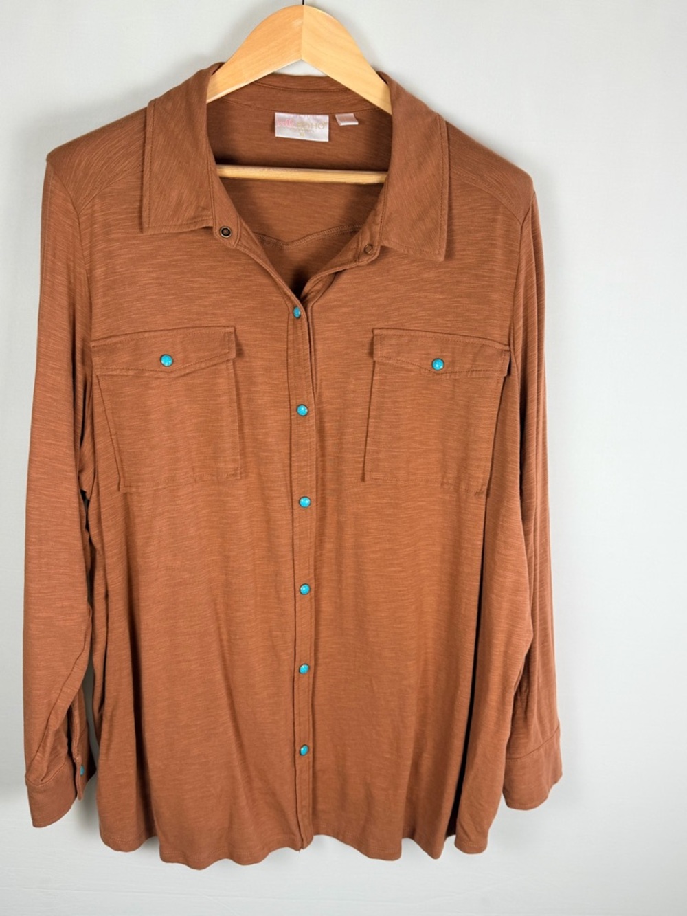 Belle Boho Kim Gravel Brown Western Snap Button Top Turquoise Size 2X Cowgirl